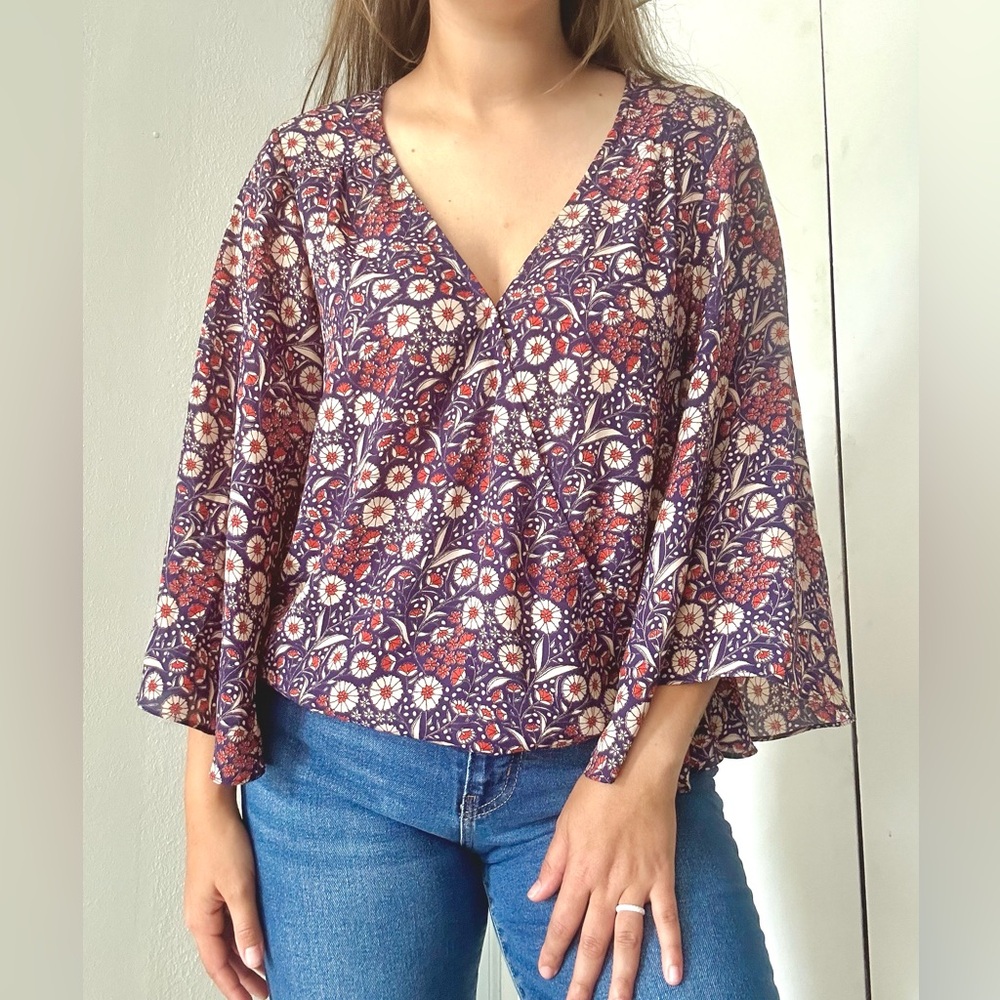 Anthropologie Floral V-Neck Blouse - Purple and White